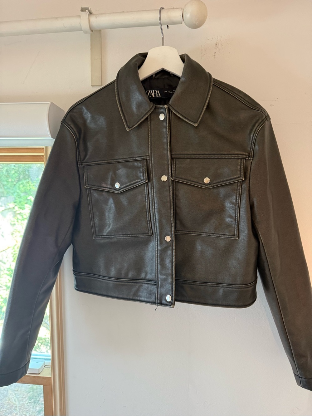 Zara Black Faux Leather Cropped Utility Jacket
